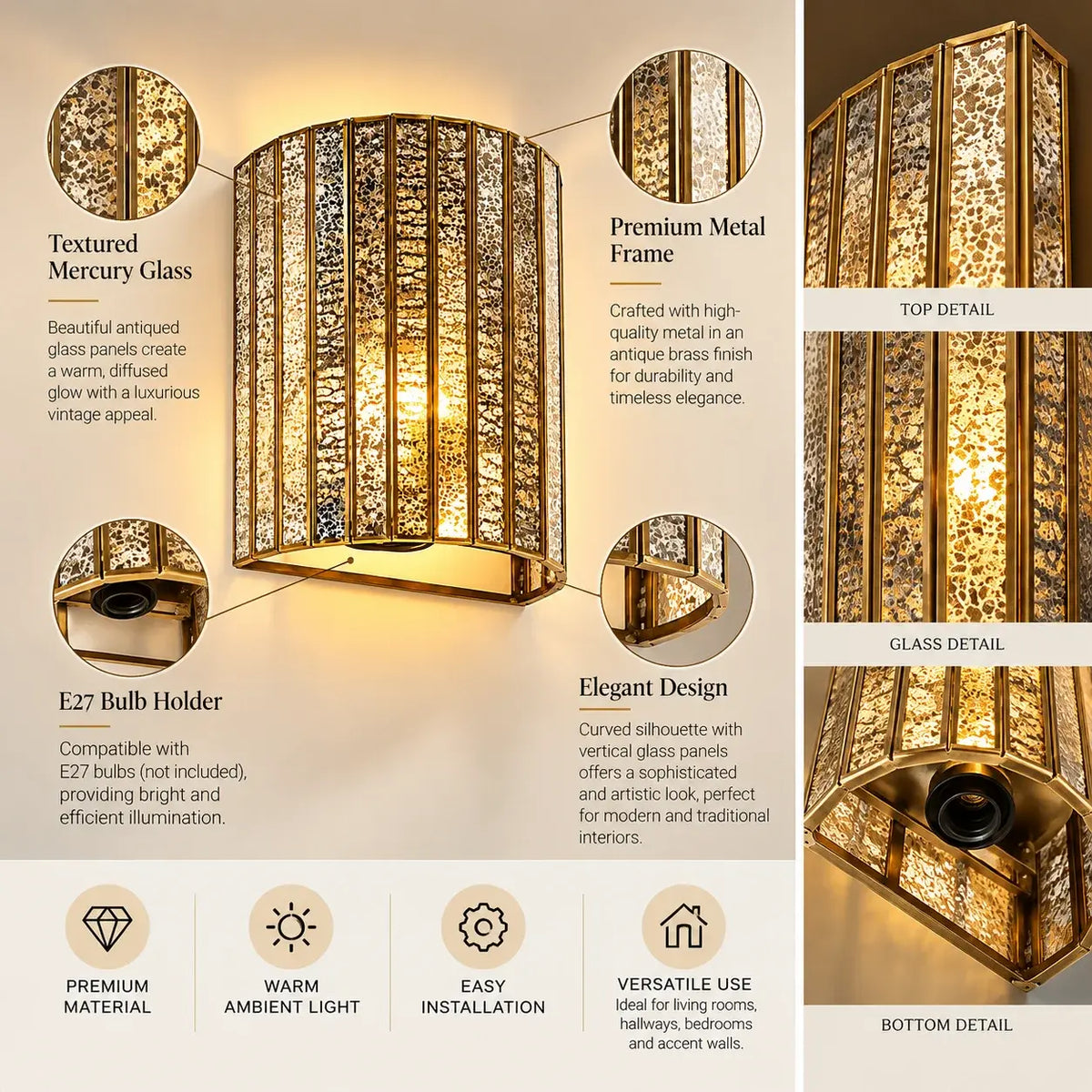 Brass luxury wall lamp featuring silver antique glass, elegant lighting fixture by ILLUMEA for sophisticated interiors