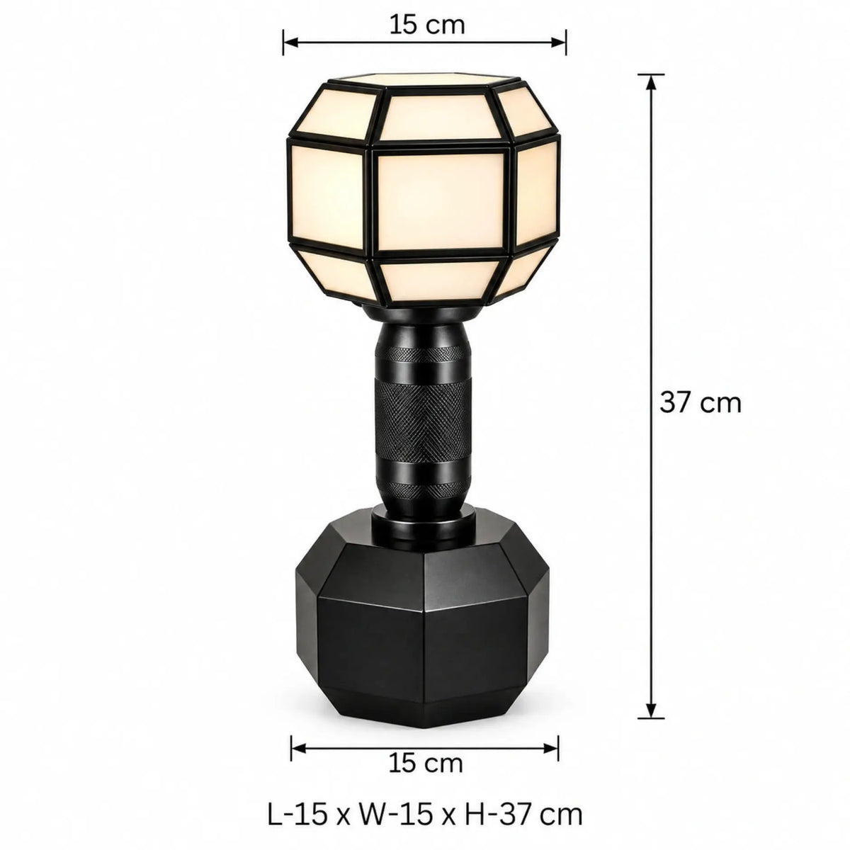 Luxury black geometric table lamp with frosted shade by ILLUMEA for bedrooms, living rooms, bedside tables and consoles