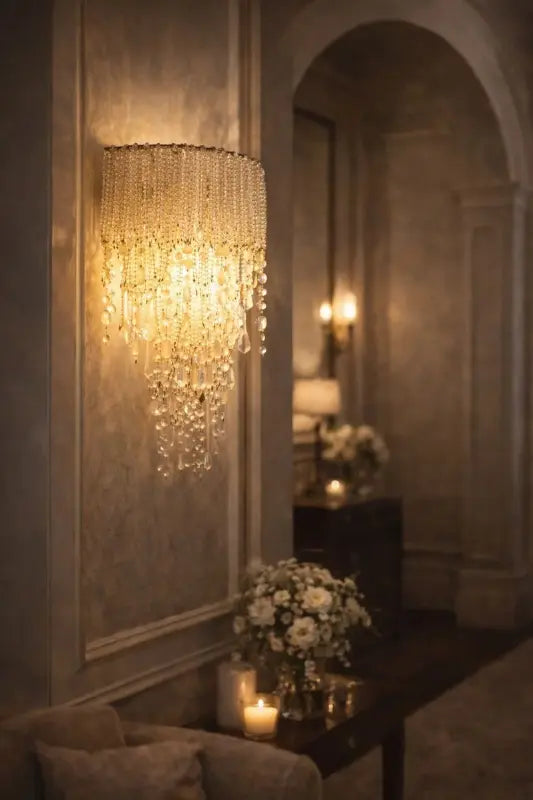 Decorative wall sconce with a soft glow in a room setting.