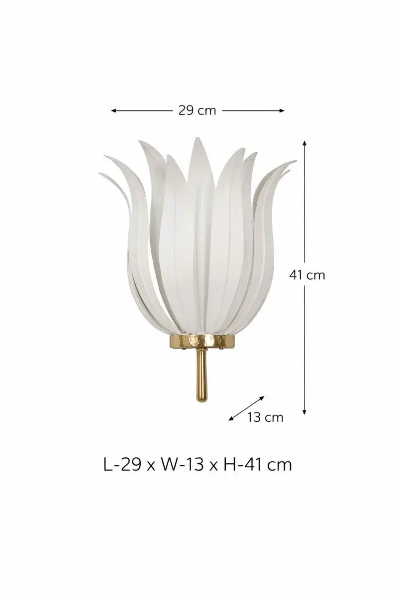White floral wall light with dimensions on a white background