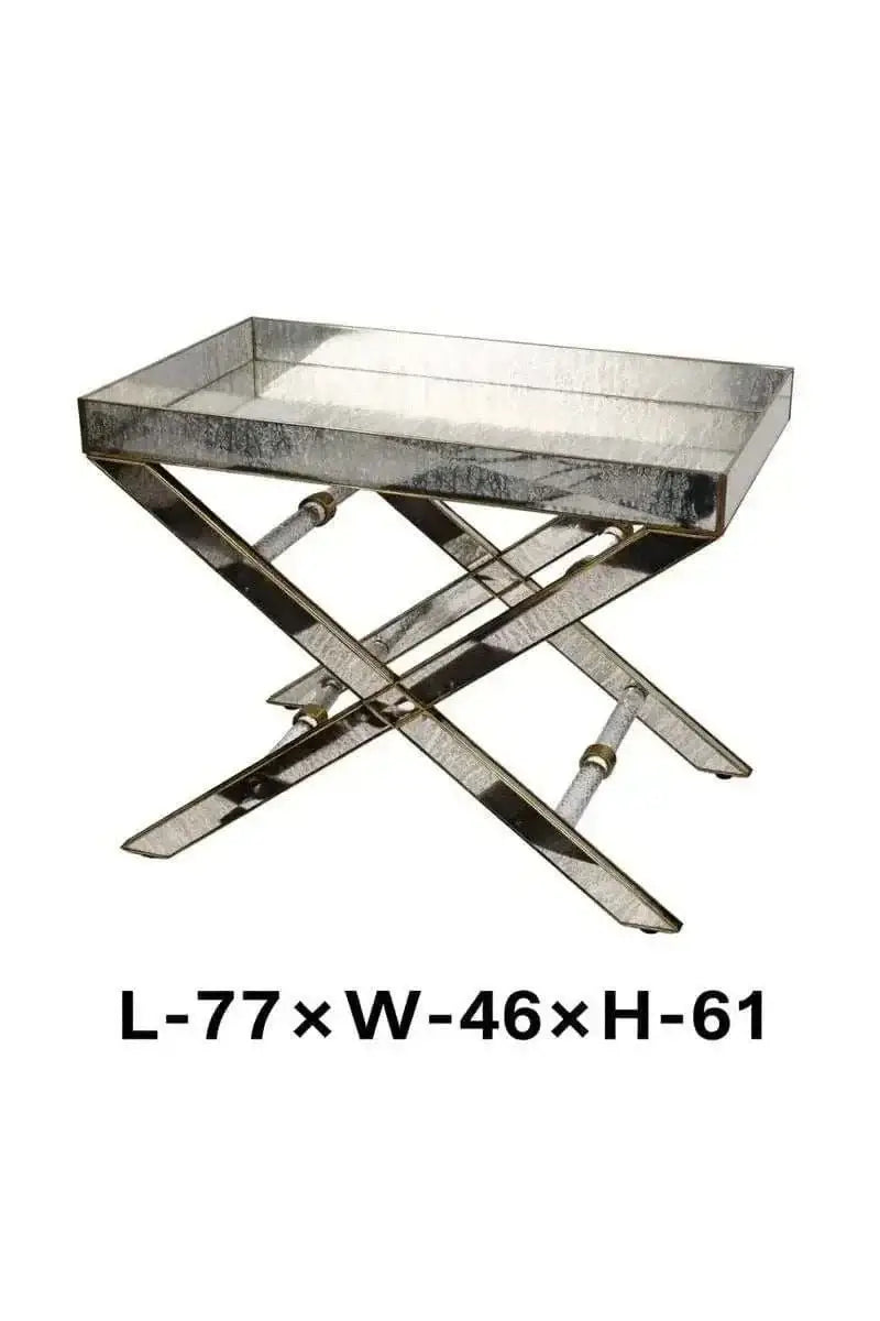 Antique glass butler table with brass and silver metal finish and tempered glass top for luxury interiors