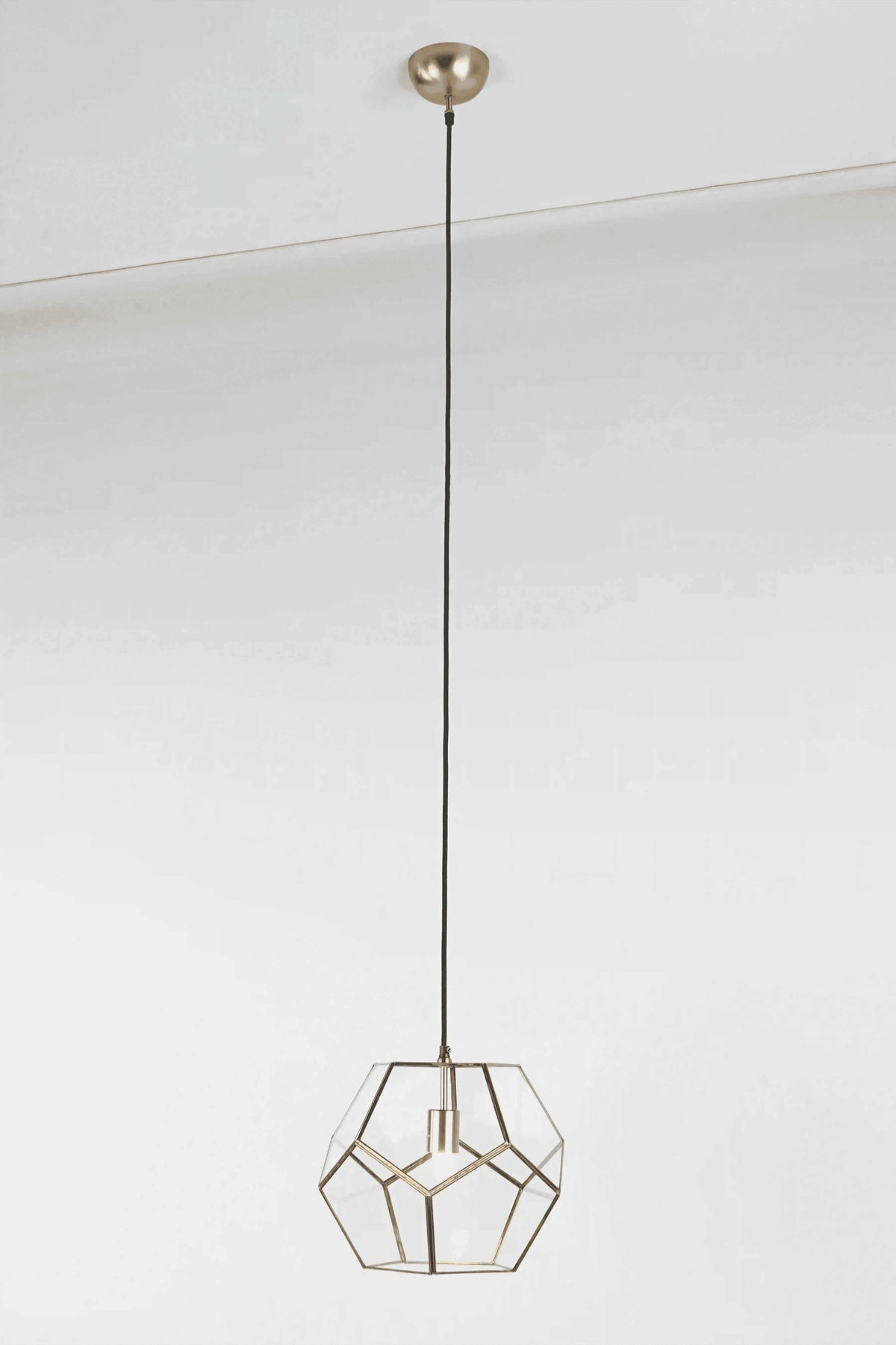 Geometric Penta Globe clear shade pendant light with stained glass and brass design