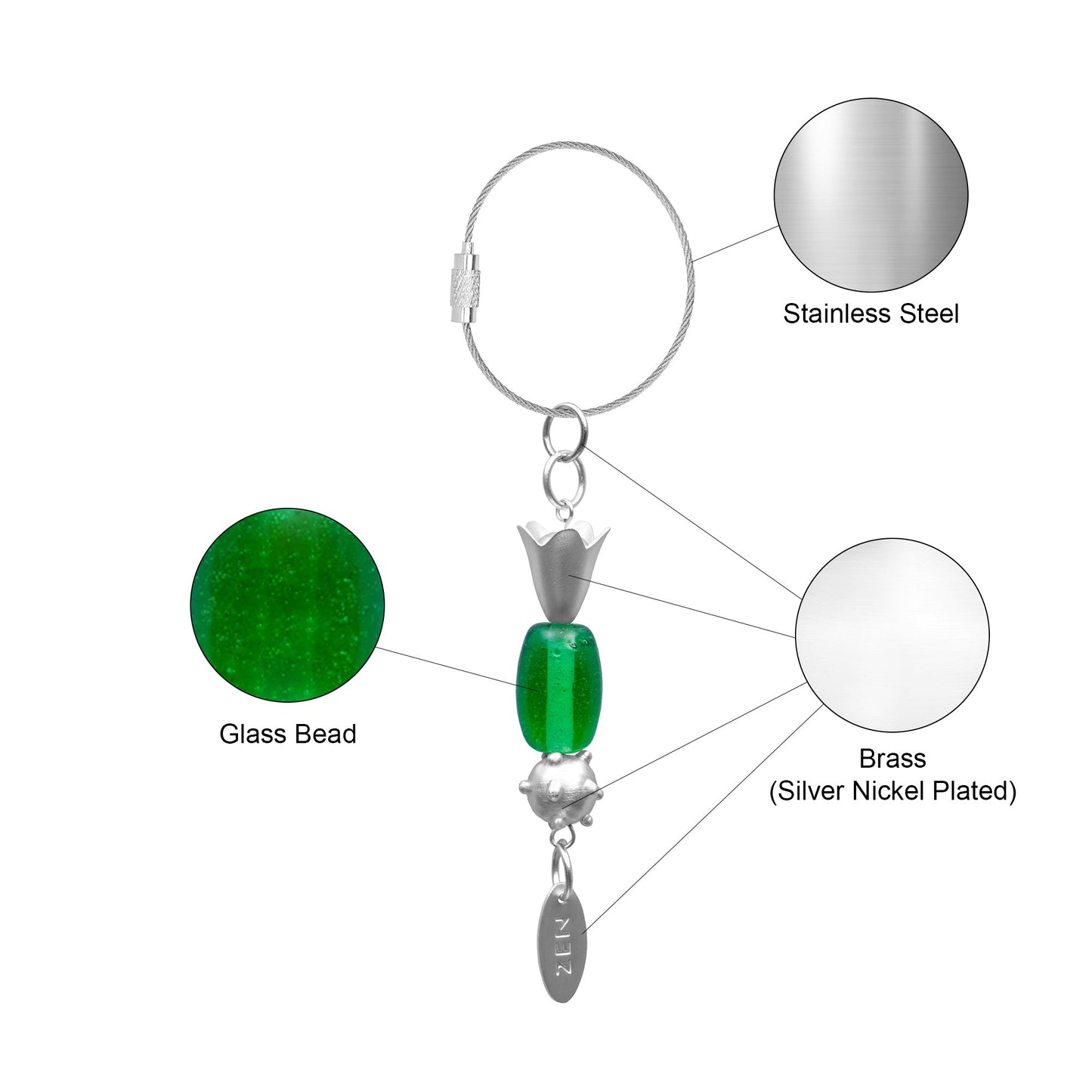 Green Oval Glass Bead Handmade Silvered Brass Keychain - ILLUMEAKey Chain