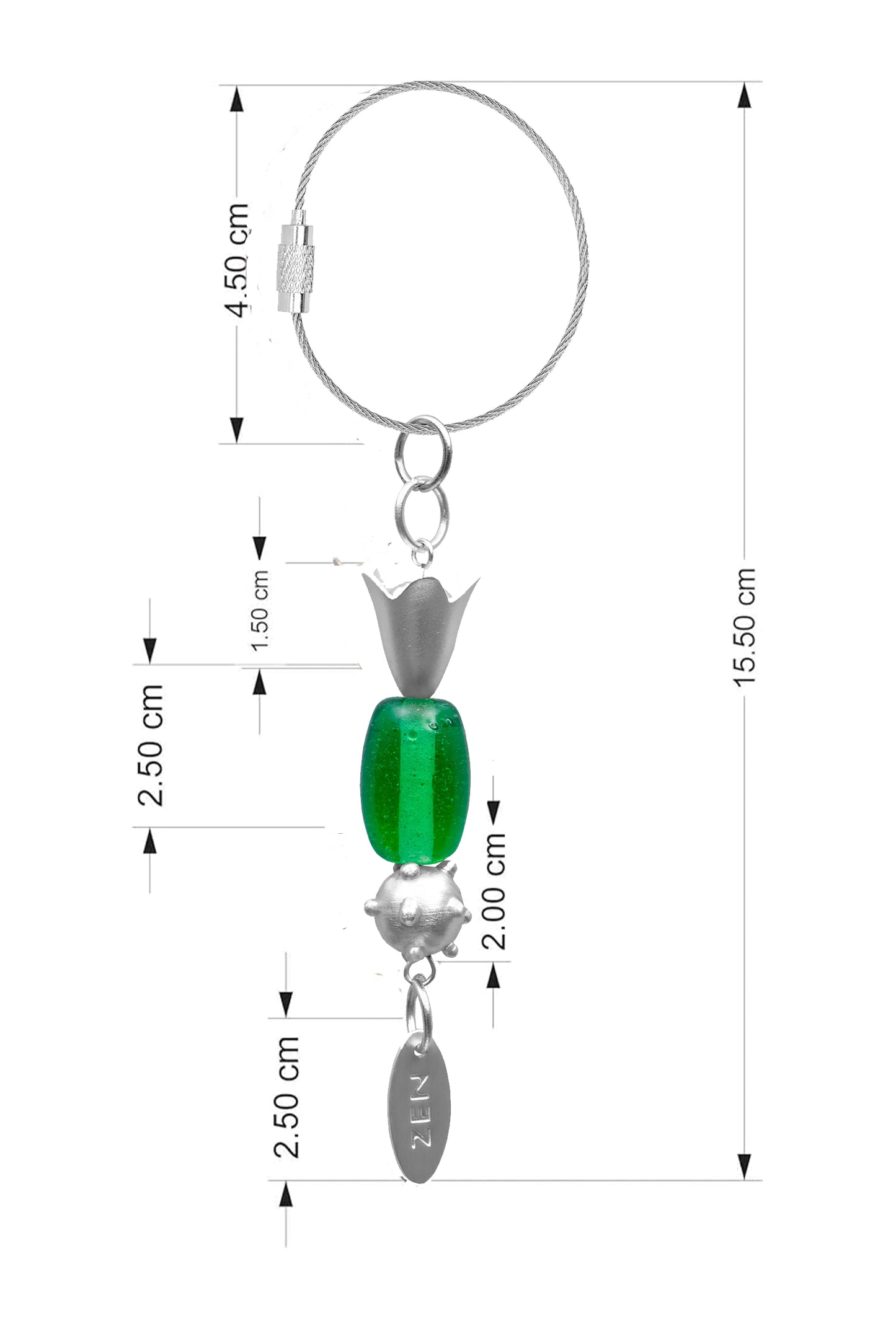 Green Oval Glass Bead Handmade Silvered Brass Keychain - ILLUMEAKey Chain