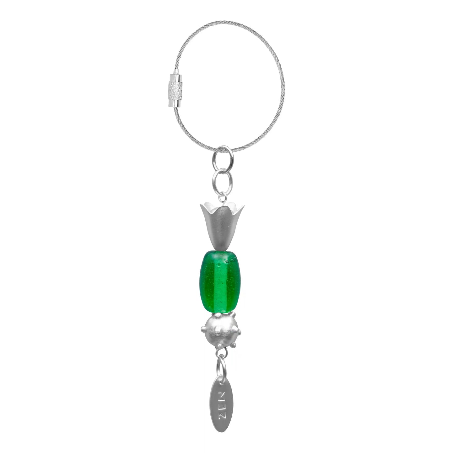 Green Oval Glass Bead Handmade Silvered Brass Keychain - ILLUMEAKey Chain