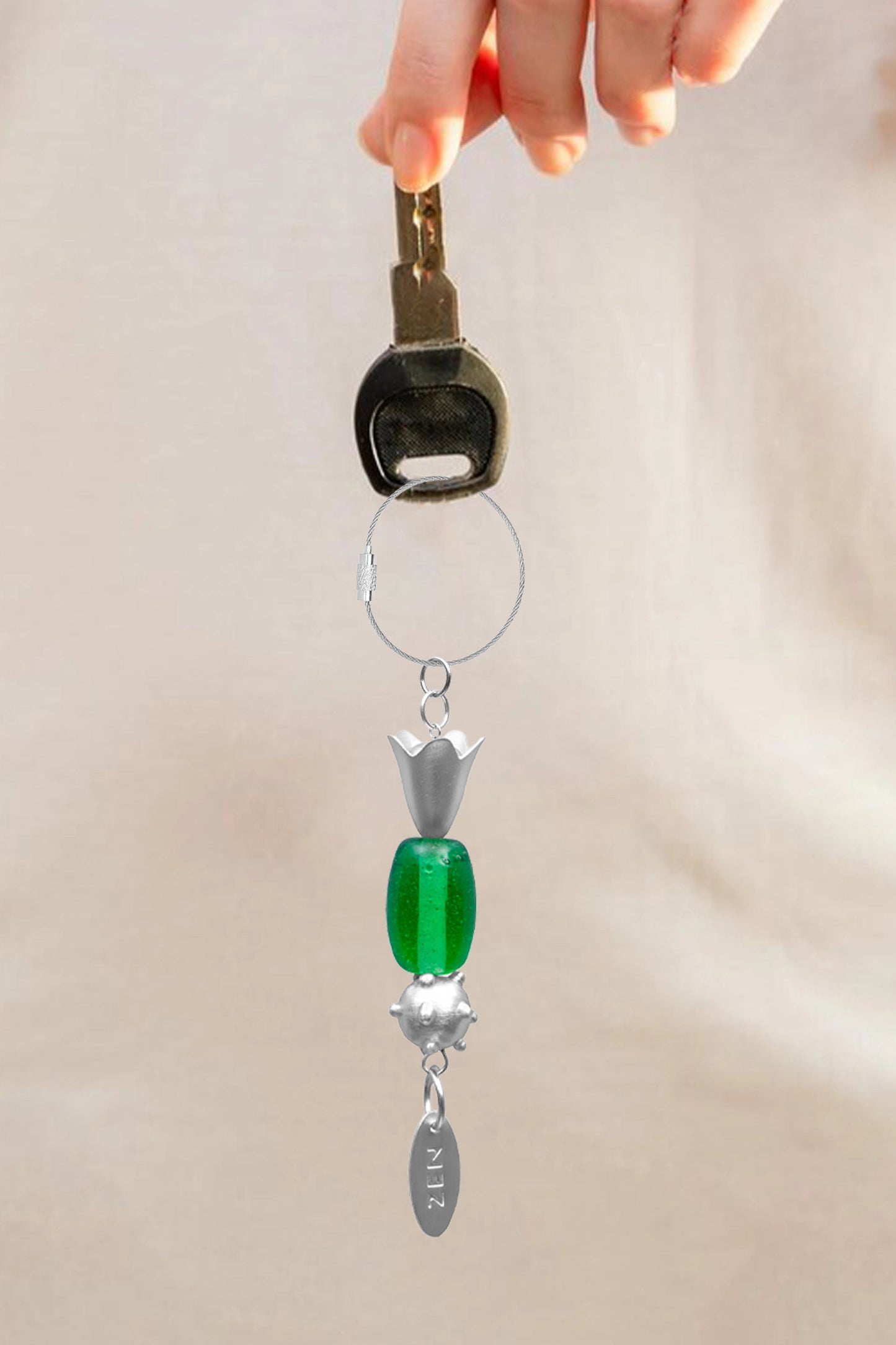 Green Oval Glass Bead Handmade Silvered Brass Keychain - ILLUMEAKey Chain