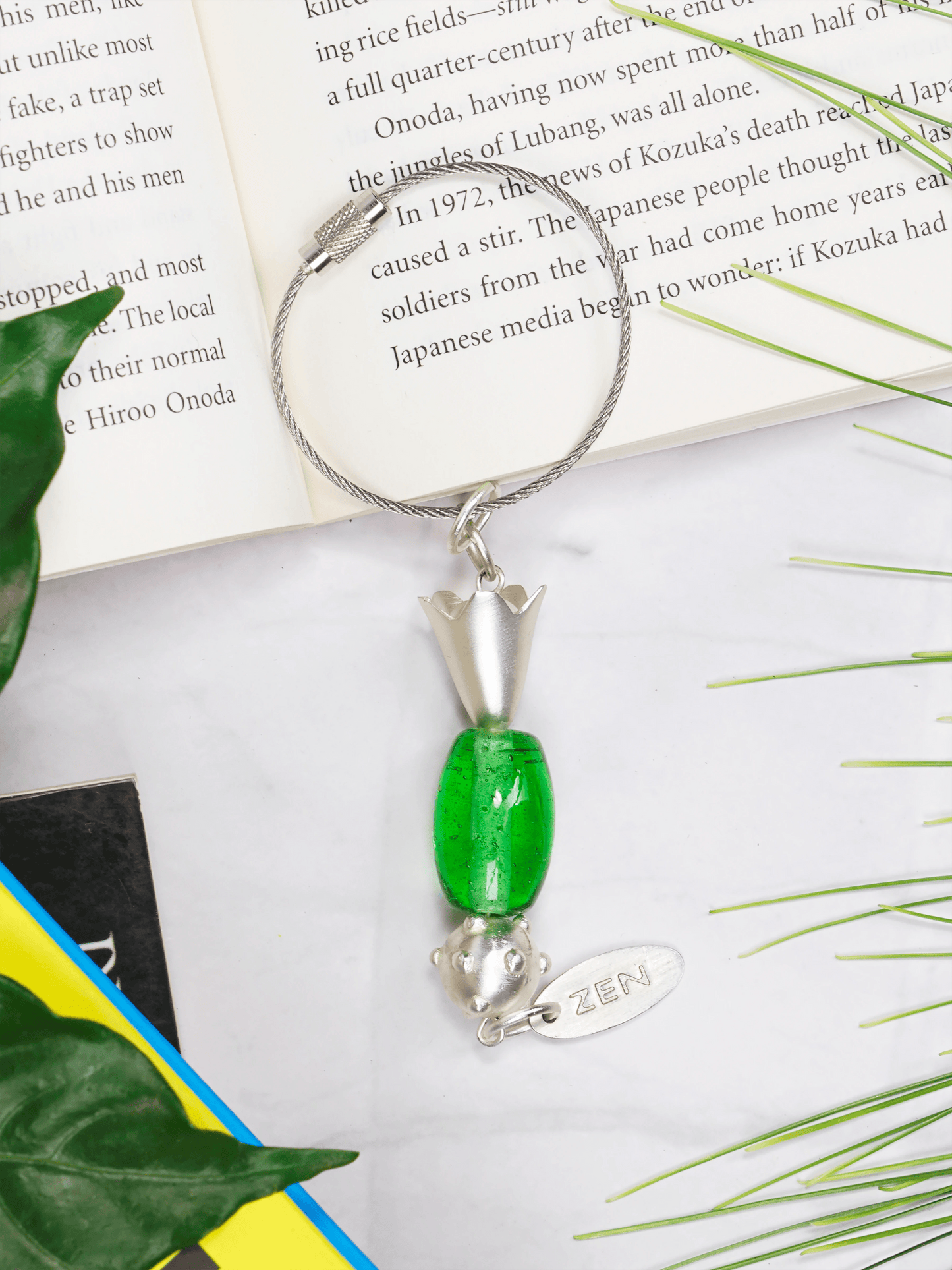 Green Oval Glass Bead Handmade Silvered Brass Keychain - ILLUMEAKey Chain