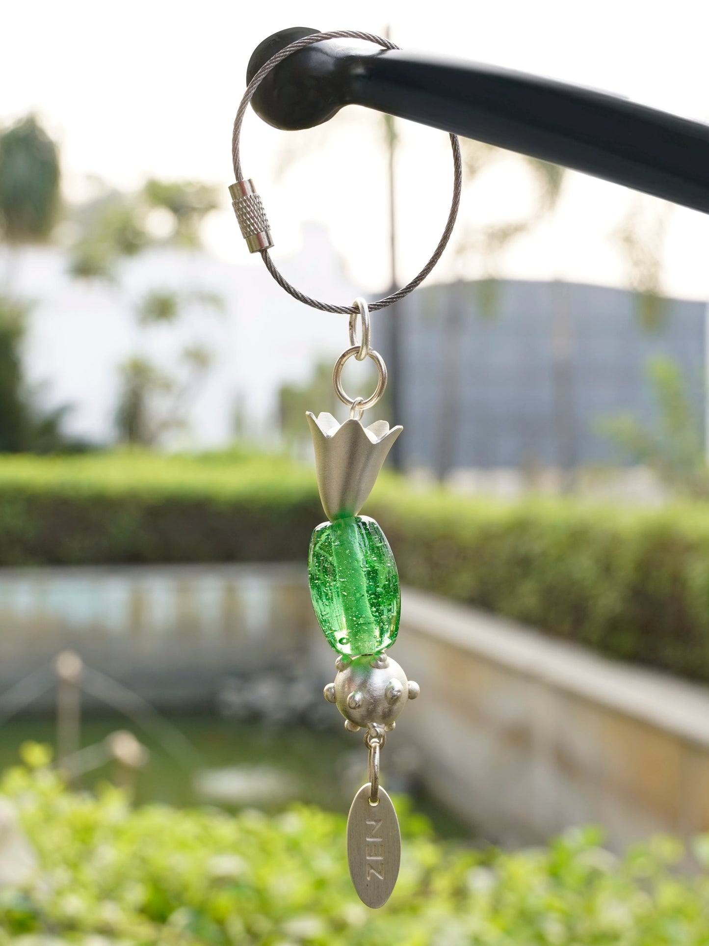 Green Oval Glass Bead Handmade Silvered Brass Keychain - ILLUMEAKey Chain