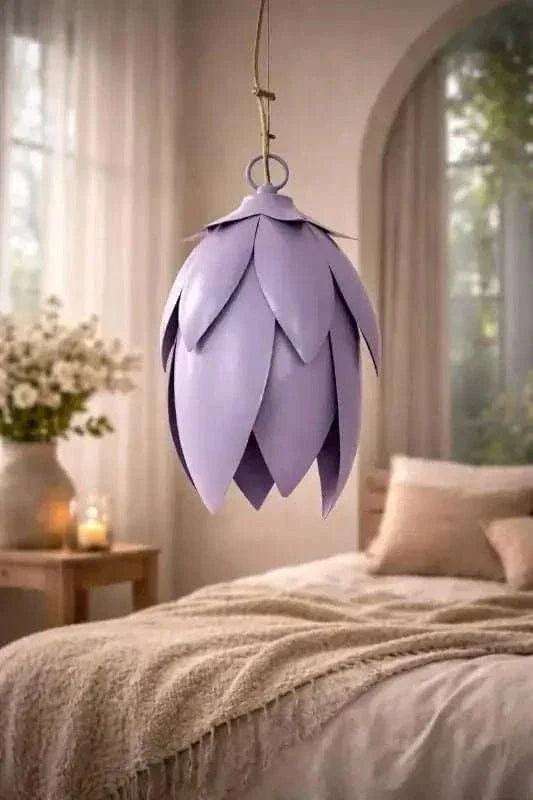 Hammered Leaf Pendant Light in purple and white with textured hammered leaf design hanging from ceiling