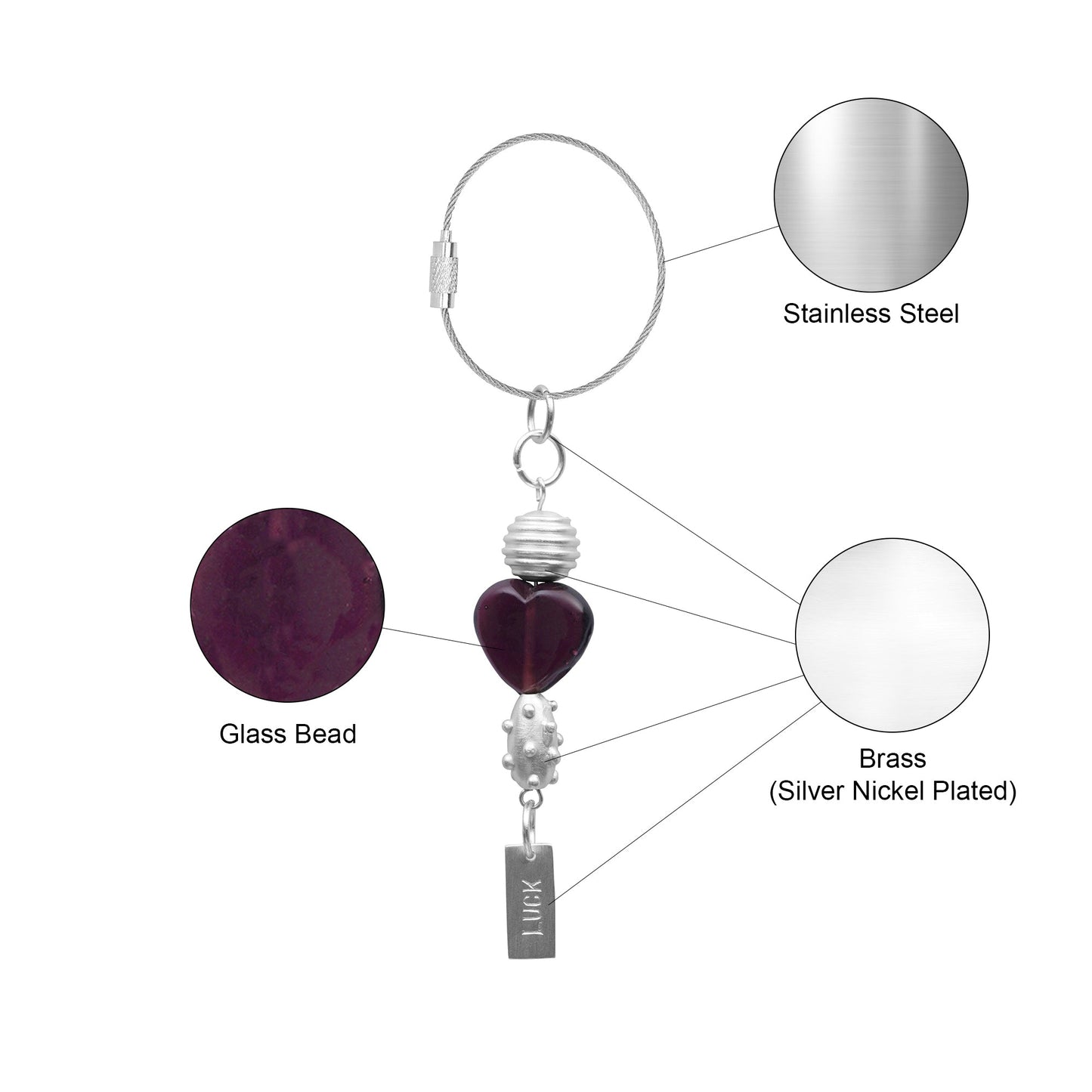 Purple Heart Glass Bead Handmade Silvered Brass Keychain - ILLUMEAKey Chain