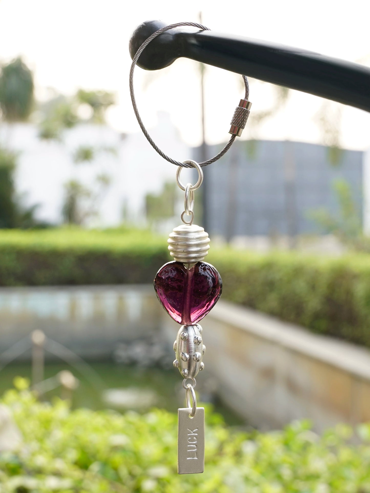 Purple Heart Glass Bead Handmade Silvered Brass Keychain - ILLUMEAKey Chain