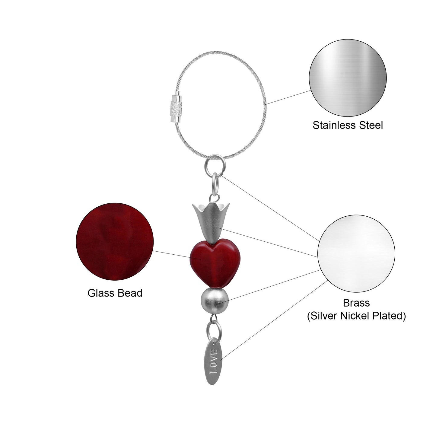Red Heart Glass Bead Handmade Silvered Brass Keychain - ILLUMEAKey Chain