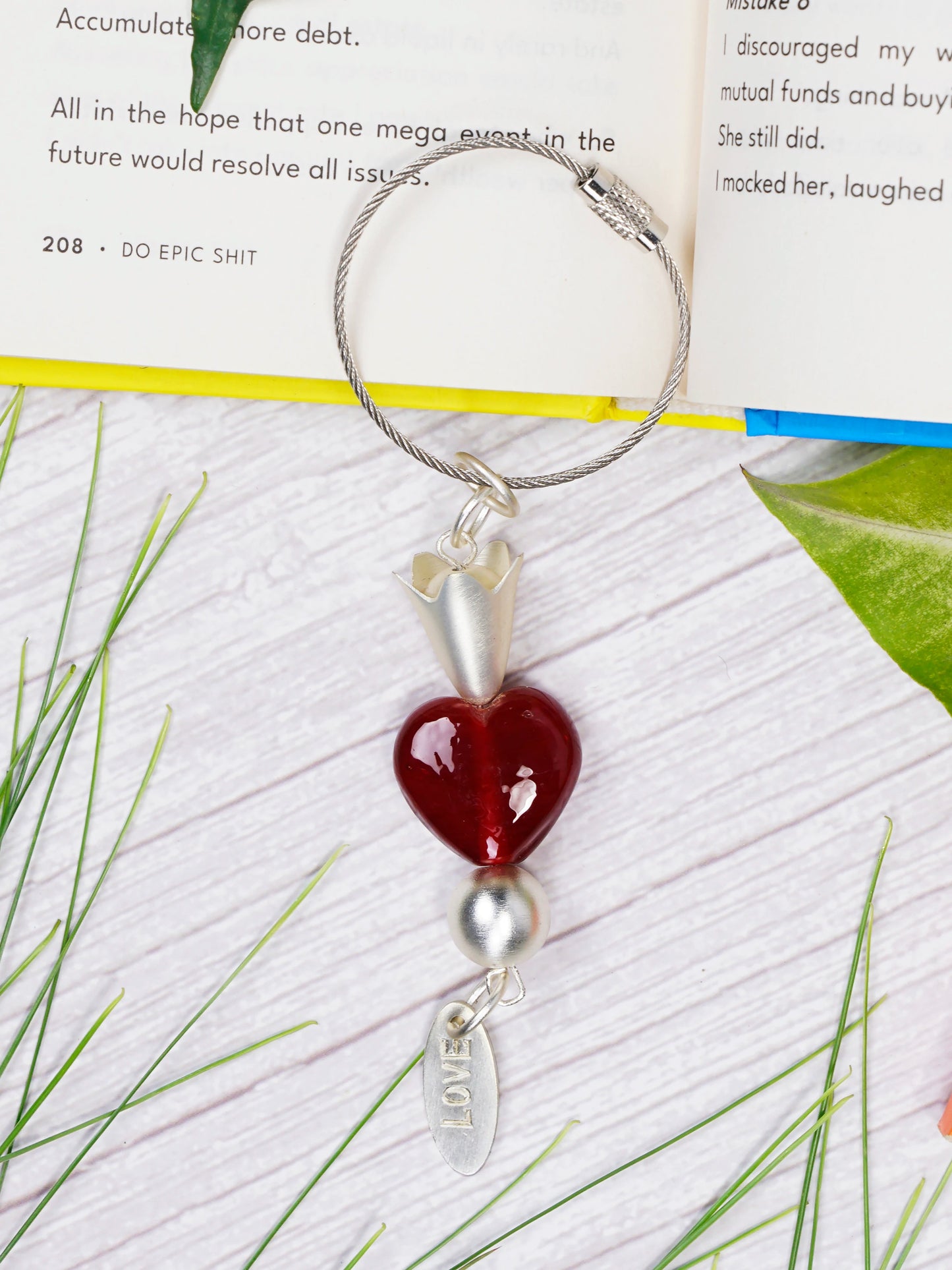 Red Heart Glass Bead Handmade Silvered Brass Keychain - ILLUMEAKey Chain