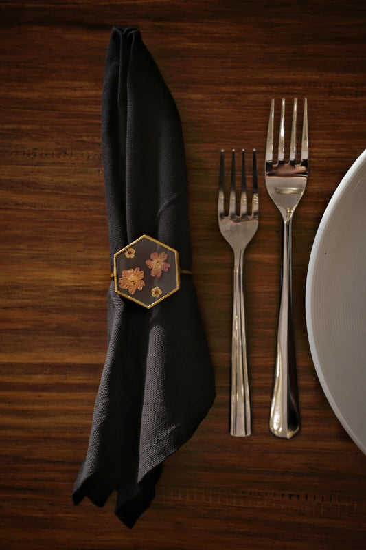 Set of 4 Hexagon Handmade Dried Pressed Flower Glass Napkin Rings - ILLUMEANapkin Ring