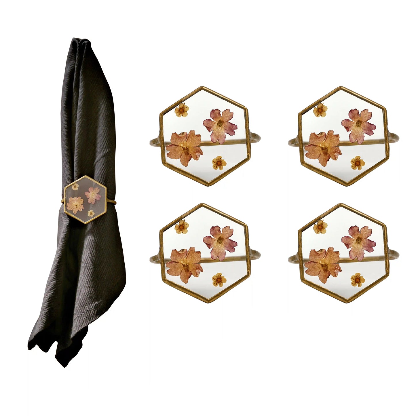 Set of 4 Hexagon Handmade Dried Pressed Flower Glass Napkin Rings - ILLUMEANapkin Ring