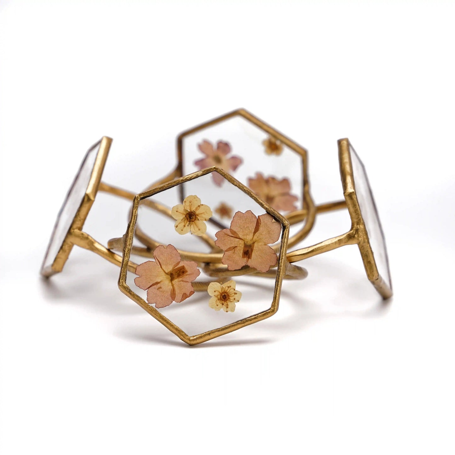 Set of 4 Hexagon Handmade Dried Pressed Flower Glass Napkin Rings - ILLUMEANapkin Ring