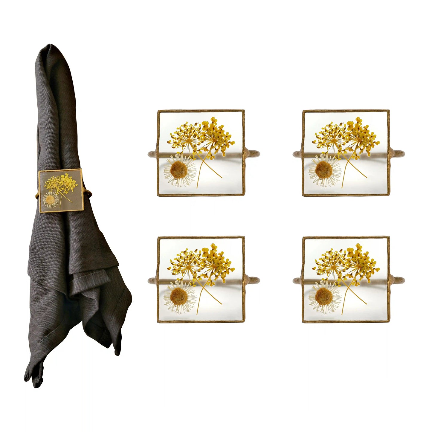 Set of 4 Square Handmade Dried Pressed Flower Glass Napkin Rings - ILLUMEANapkin Ring