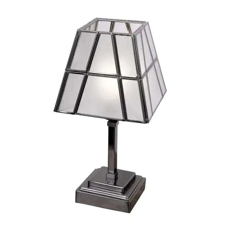 Square Conical Table Lamp with antique brass finish and milky white glass shade by Illumea