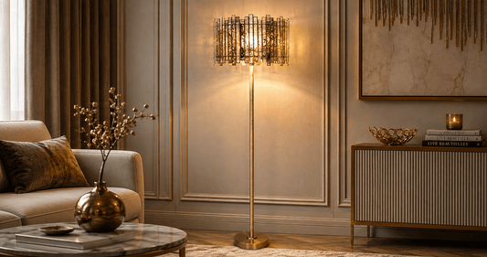 Decorative floor lamp in living room with glass and metal bases comparison