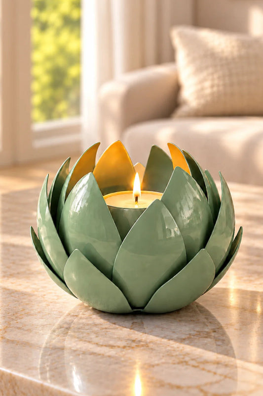 Elegant green candle adorned with shimmering green metal leaf, perfect for luxurious home decor and ambiance