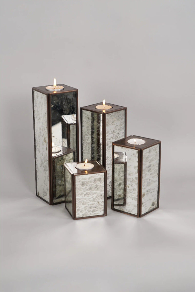 Square Candle Holder Set of 4 With Silver Antique Glass