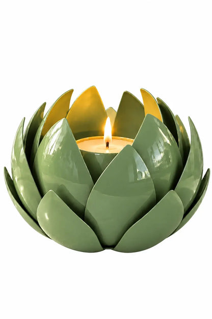 Elegant green candle adorned with shimmering green metal leaf, perfect for luxurious home decor and ambiance