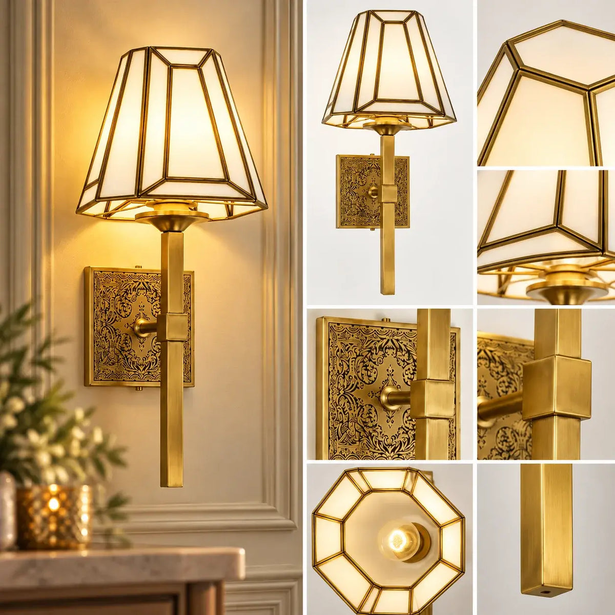 Antique Brass Geometric Wall Sconce by ILLUMEA featuring a geometric lantern-style glass shade, ornate brass backplate, and sophisticated vintage-inspired detailing