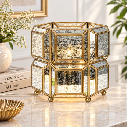 Antique brass and glass table lamp with faceted glass panels and decorative metal frame for elegant home décor – ILLUMEA