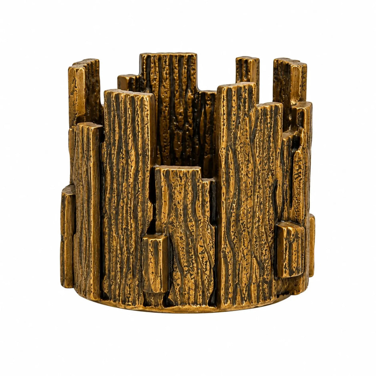 Decorative cast metal votive candle holder with sculptural vertical strips for tabletop décor