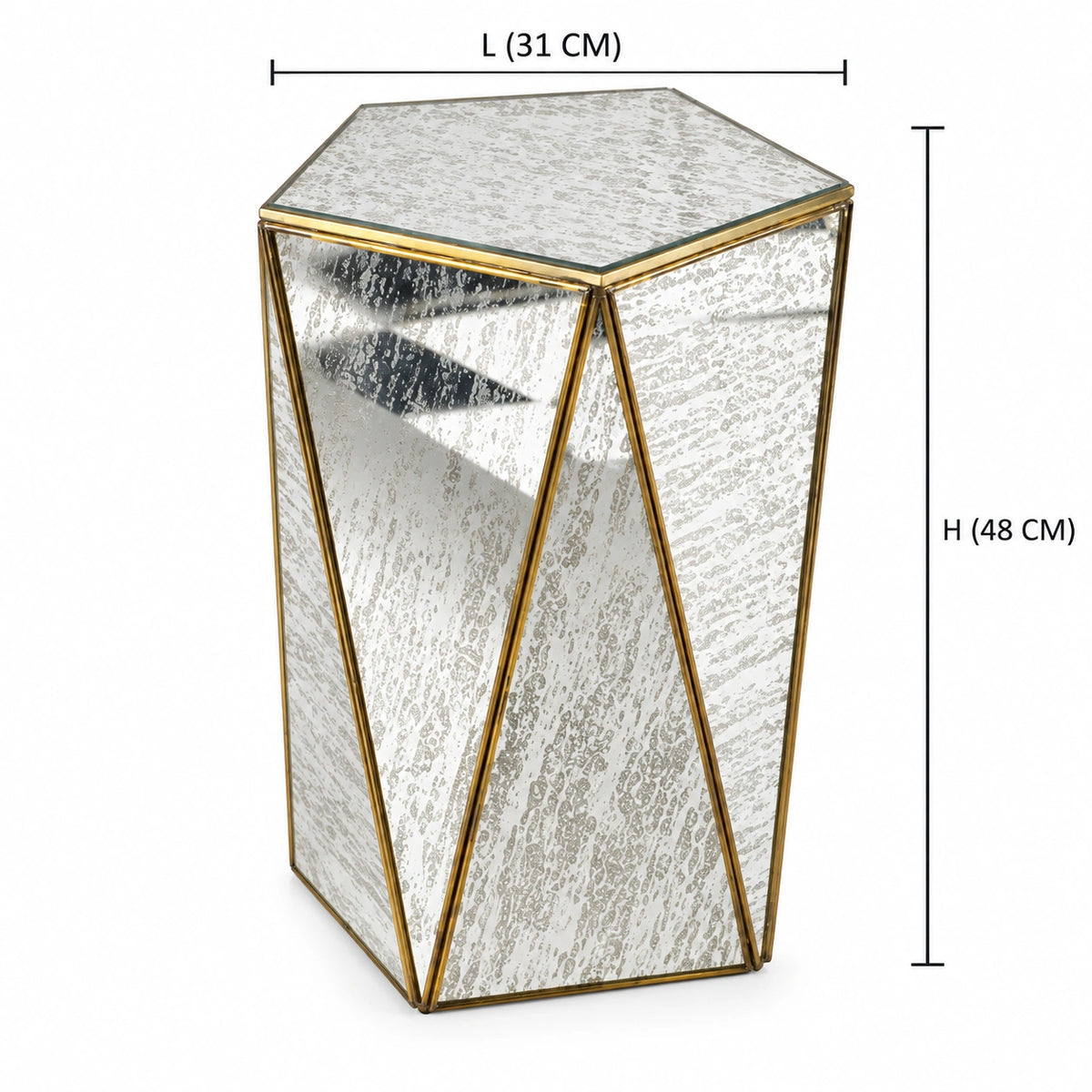 Antique Mirror Pentagon Stool – ILLUMEA decorative geometric stool featuring faceted distressed mirror glass, tapered sides and slim gold metal edging for luxury home décor