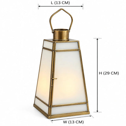 Tapered brass and frosted glass lantern by ILLUMEA for indoor décor, festive styling, dining tables, consoles and hospitality spaces