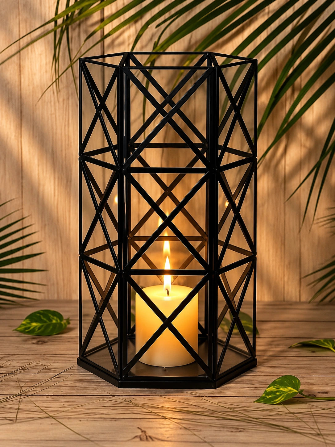 Black geometric metal hurricane candle holder for modern home décor