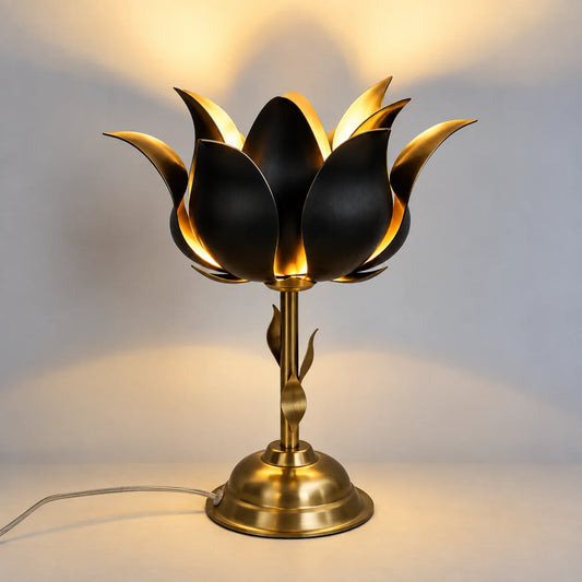 Black and Gold Lotus Bloom Table Lamp featuring layered lotus petals, a sculptural stem and elegant metallic base for sophisticated home décor – ILLUMEA