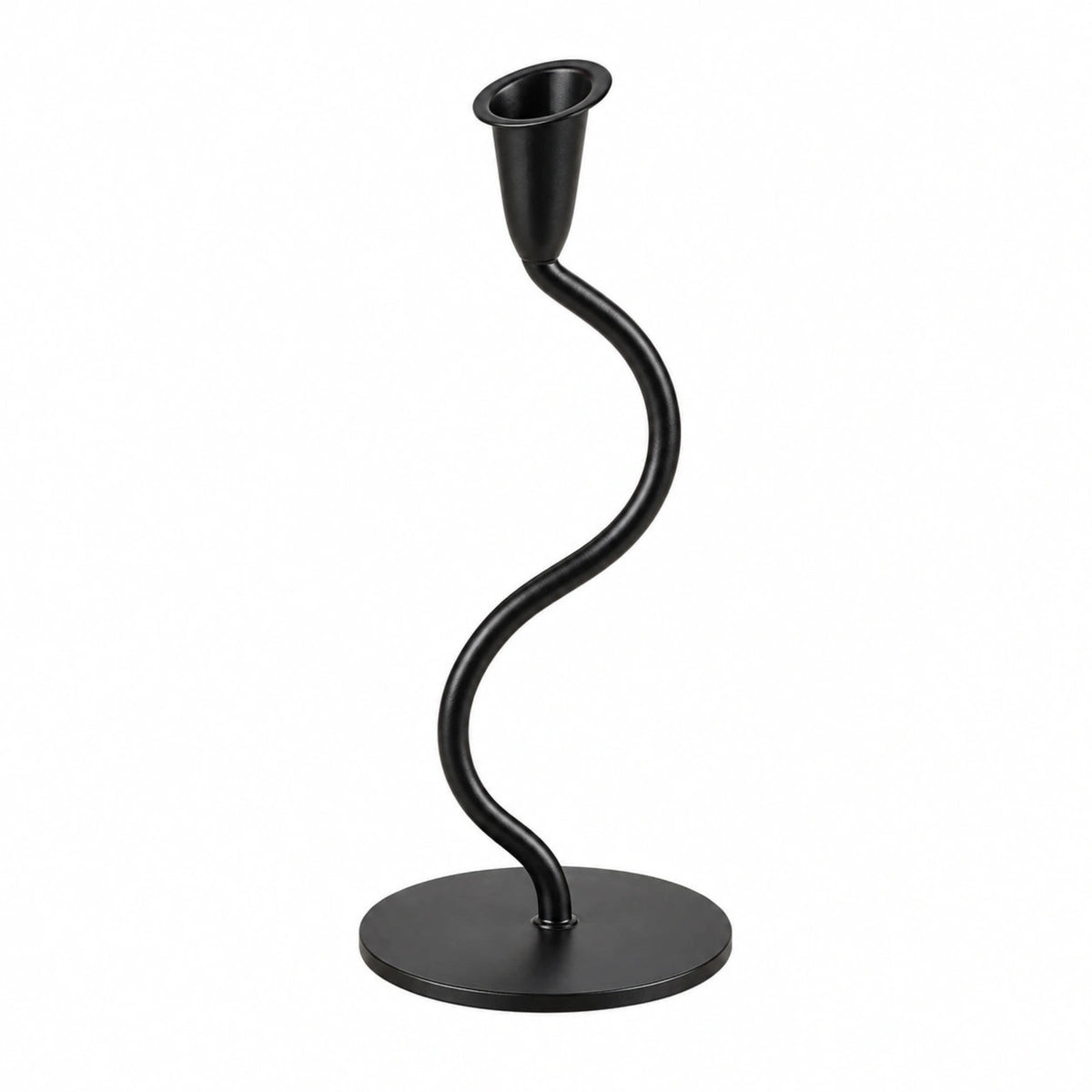 ILLUMEA Black Tealight Single Candle Holder – luxury minimalist metal candle stand with a sculptural S-shaped curved stem, flared candle cup and round base for stylish modern home décor