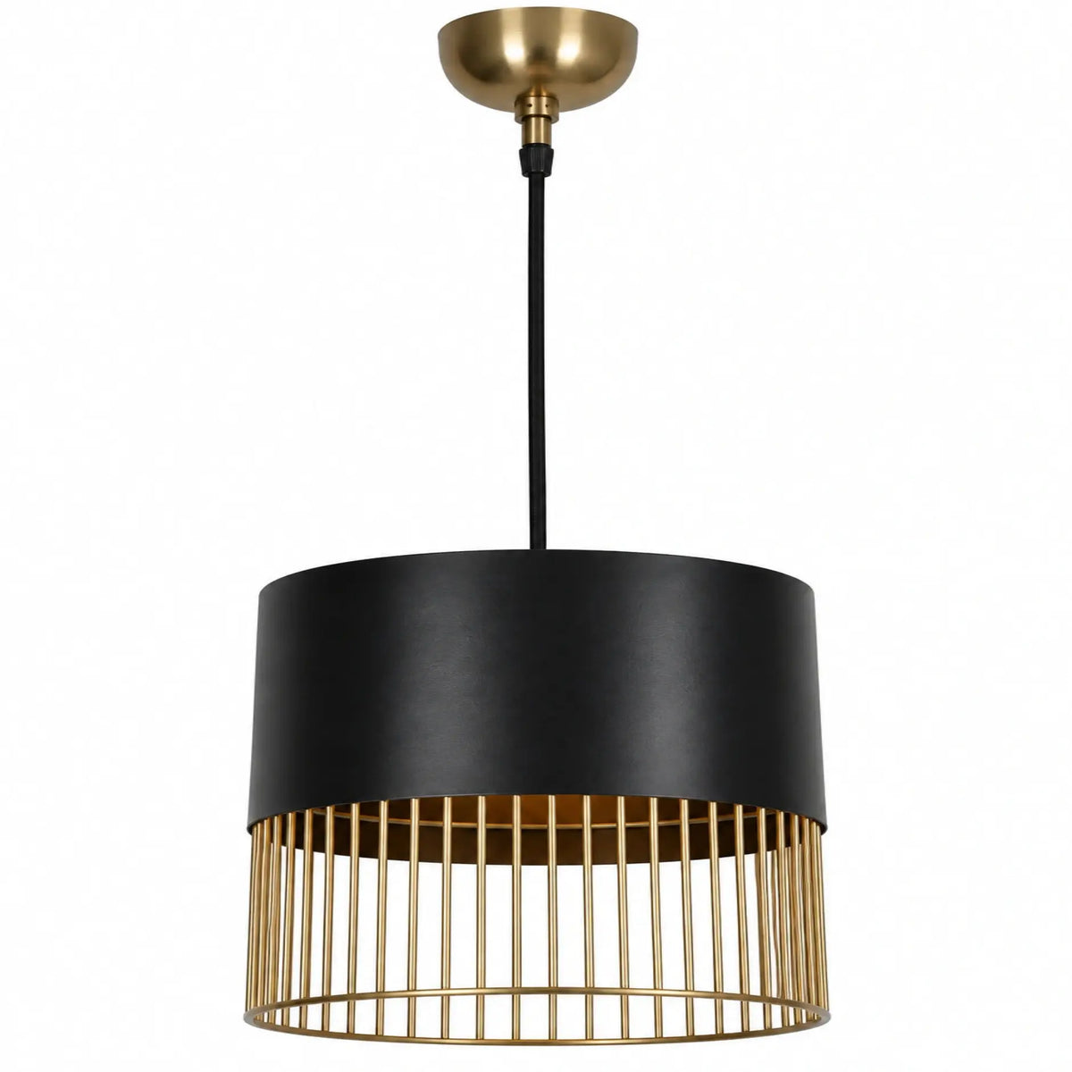 Modern Black Hanging Pendant Light with Decorative Gold Wire Cage for Dining Rooms, Kitchens, and Living Spaces | ILLUMEA