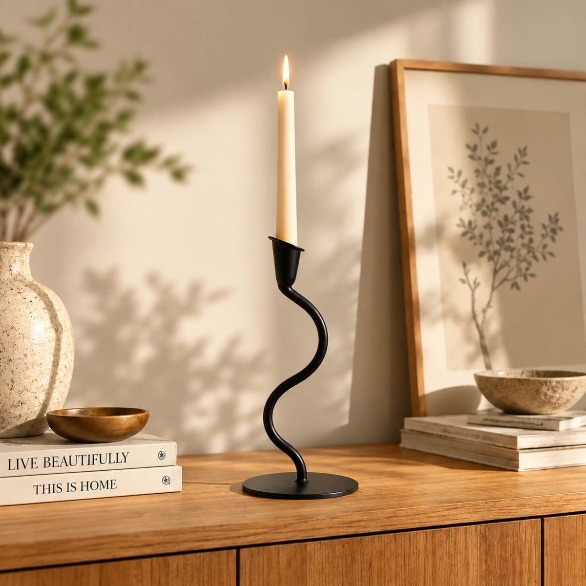 Black Tealight Single Candle Holder – ILLUMEA minimalist handcrafted metal candle stand with an elegant curved S-shaped stem and round base for modern home décor