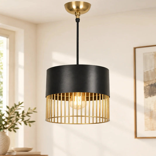 Black Wire Pendant Light with Gold Metal Cage and Cylindrical Shade for Modern Interior Décor | ILLUMEA