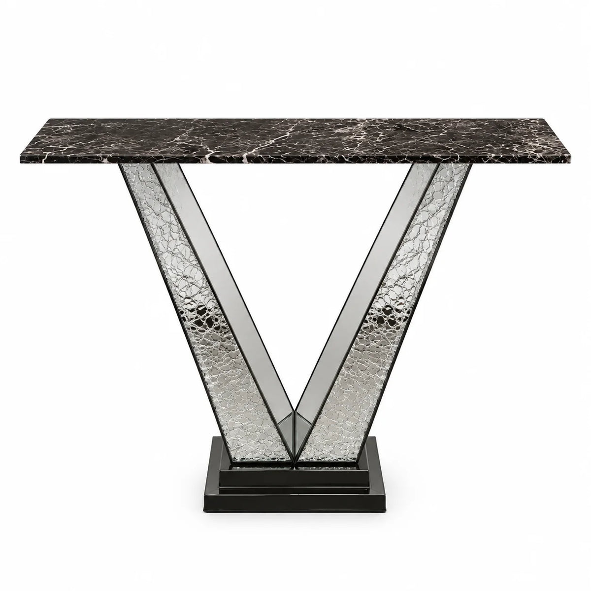 Designer Brass Console Table featuring a sculptural V-shaped frame, textured metallic panels and a premium marble tabletop – ILLUMEA