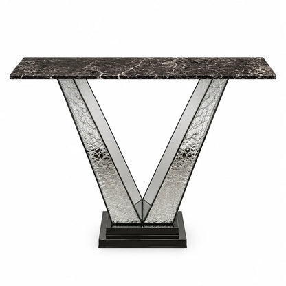 Designer Brass Console Table featuring a sculptural V-shaped frame, textured metallic panels and a premium marble tabletop – ILLUMEA