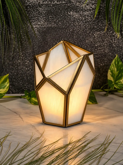 Geometric Tealight Candle Holder – ILLUMEA decorative tealight lantern with angular geometric framework and soft translucent glass panels for creating a warm and elegant ambiance