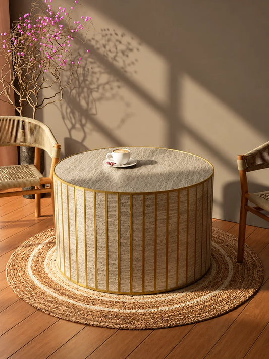 Brass Round Liner Table with elegant linear detailing and a sophisticated design for modern luxury interiors – ILLUMEA