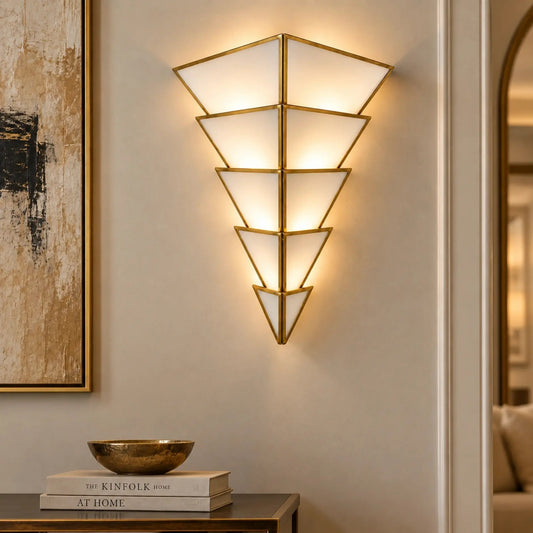 Cone Glass Wall Sconce with Geometric Frosted Glass Panels and Brass Frame for Luxury Home Interiors – ILLUMEA