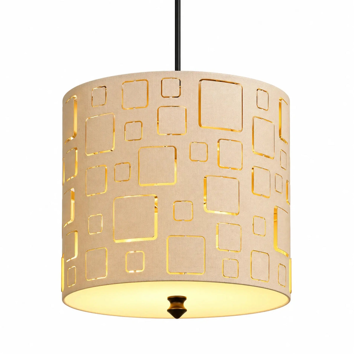Modern Laser Cut Pendant Light Featuring a Cream Drum Shade and Geometric Pattern for Living Rooms and Dining Areas | ILLUMEA