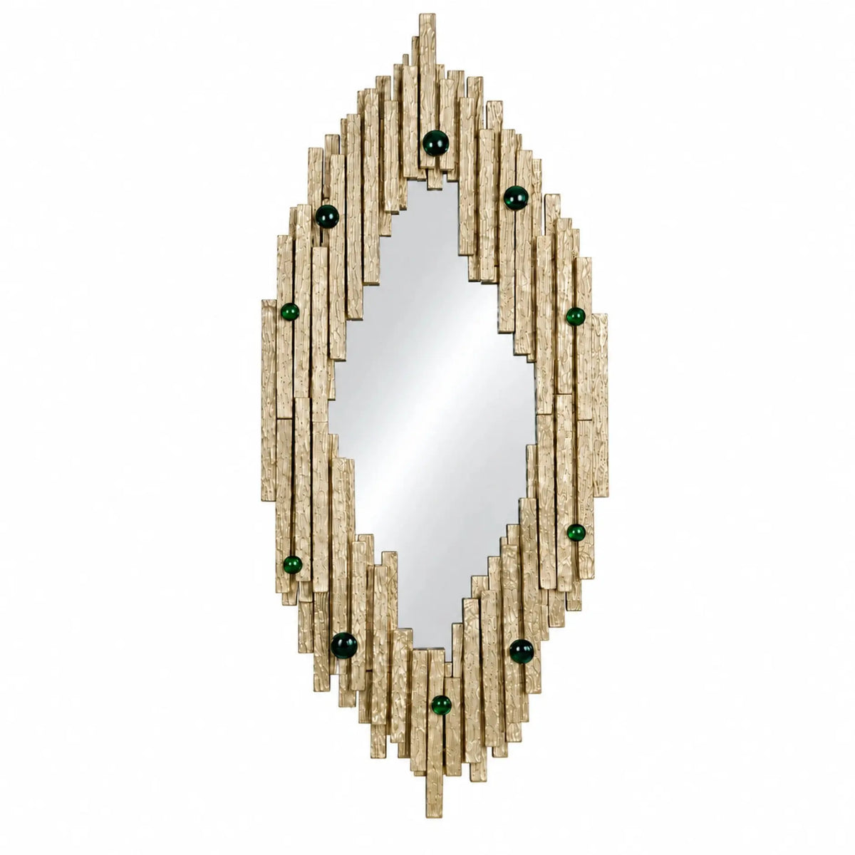 Luxury Casted Strips Wall Mirror – ILLUMEA handcrafted decorative mirror with staggered textured metal strips, elegant gold finish and glossy green accent details