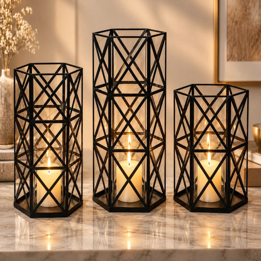 ILLUMEA Geometric Candle Holder Stand – black metal hurricane lantern with glass panels