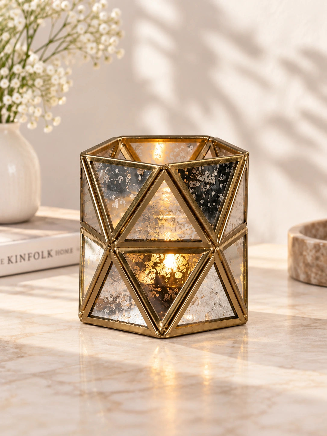 ILLUMEA Diamond Tealight Candle Holder Antique with geometric glass panels