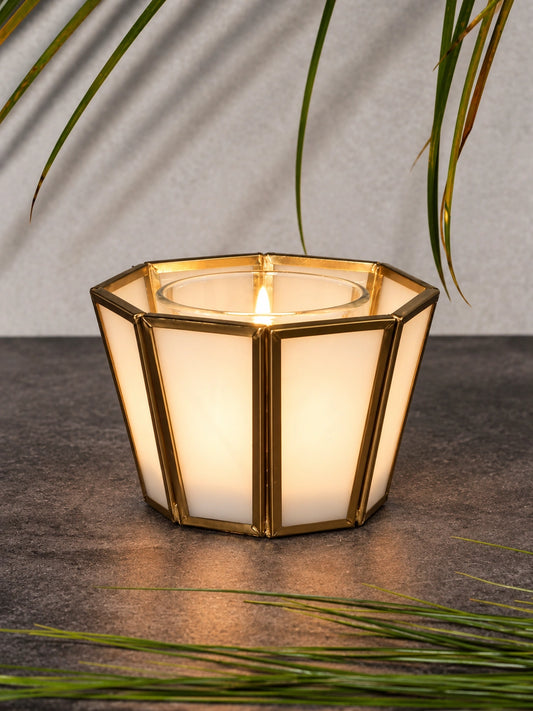 Diamond Tealight Candle Holder White – ILLUMEA luxury decorative candle holder featuring white natural glass panels and a geometric brass frame with an elegant gold finish