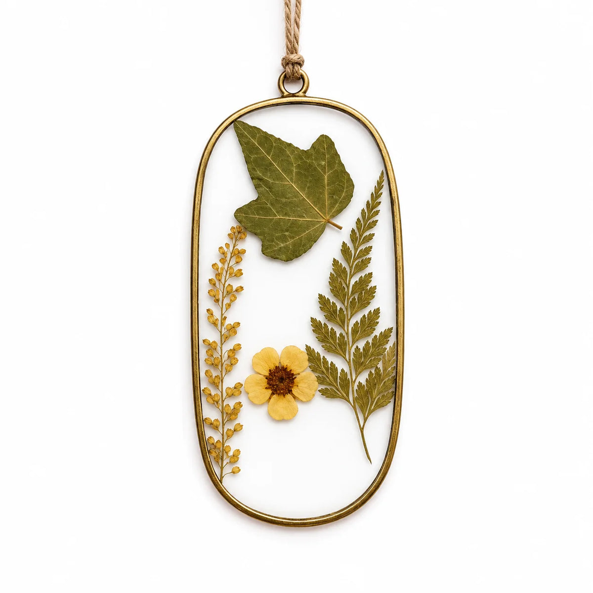 Decorative Pressed Flower Suncatcher Pendant with handcrafted metal framing and natural jute hanging cord – ILLUMEA