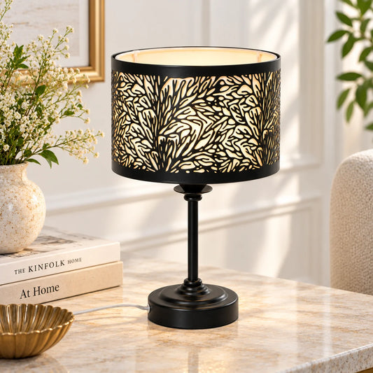 Etched fabric shade table lamp with intricate botanical pattern and black metal base for elegant home décor – ILLUMEA