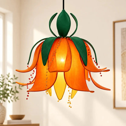 Fabric Leaf Pendant Light with Layered Orange Petals, Green Leaves, and Decorative Beaded Details | ILLUMEA